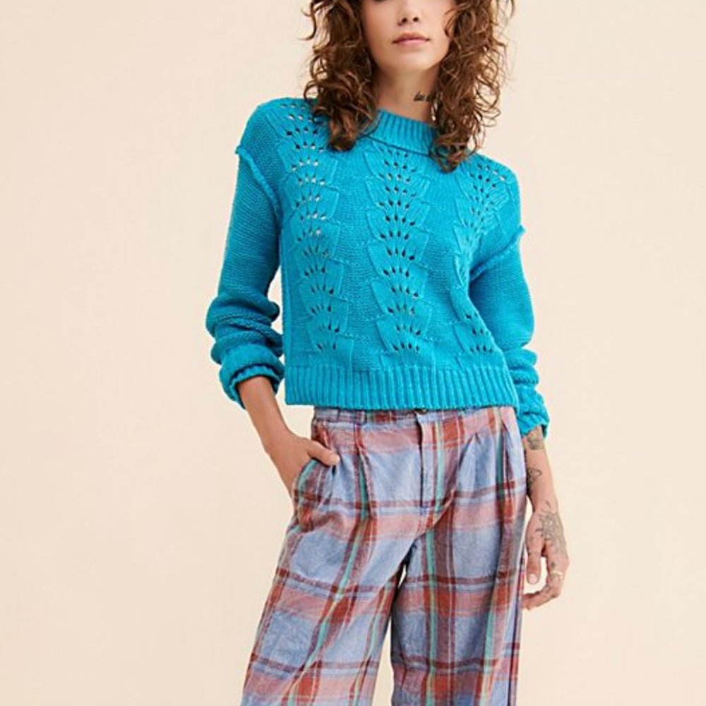 Free People Bell Song Teal Ribbed Mock Neck Long Sleeve Sweater S NEW Pullover